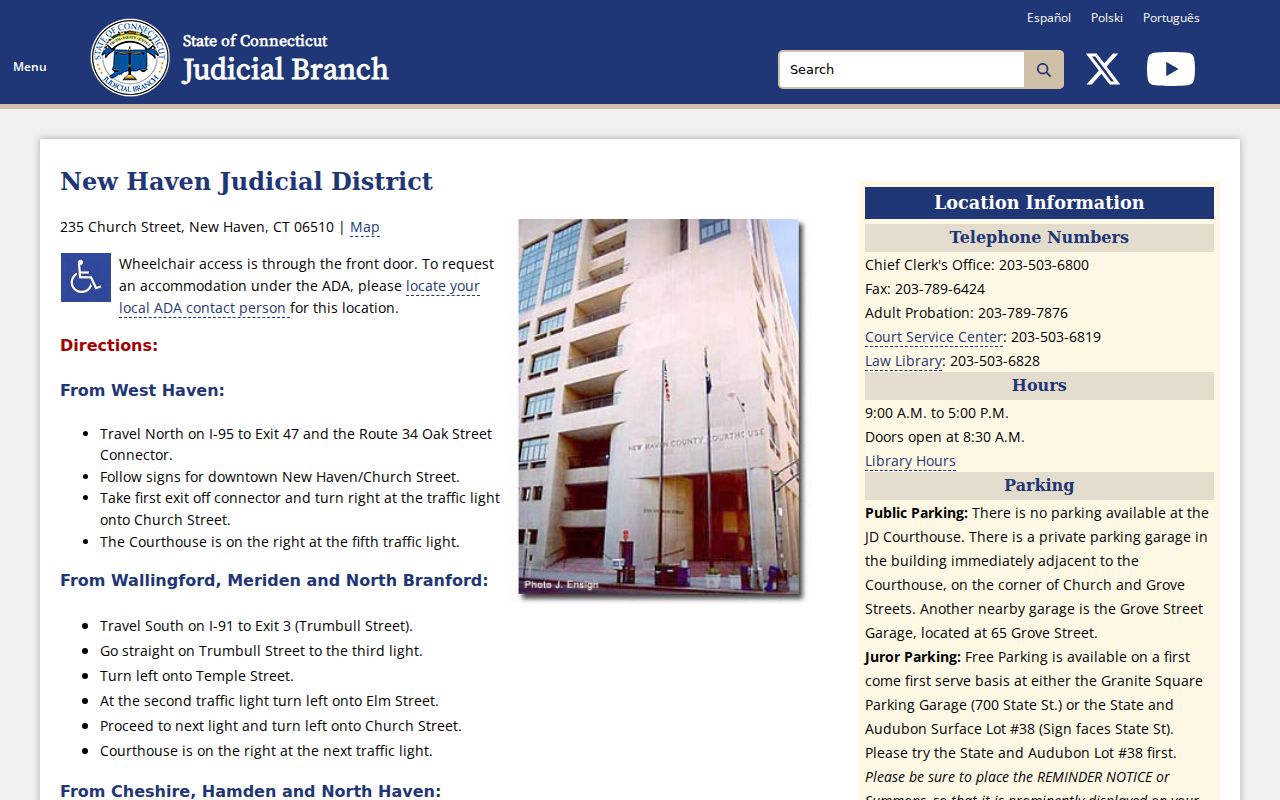 Connecticut court clerks Judicial District office information