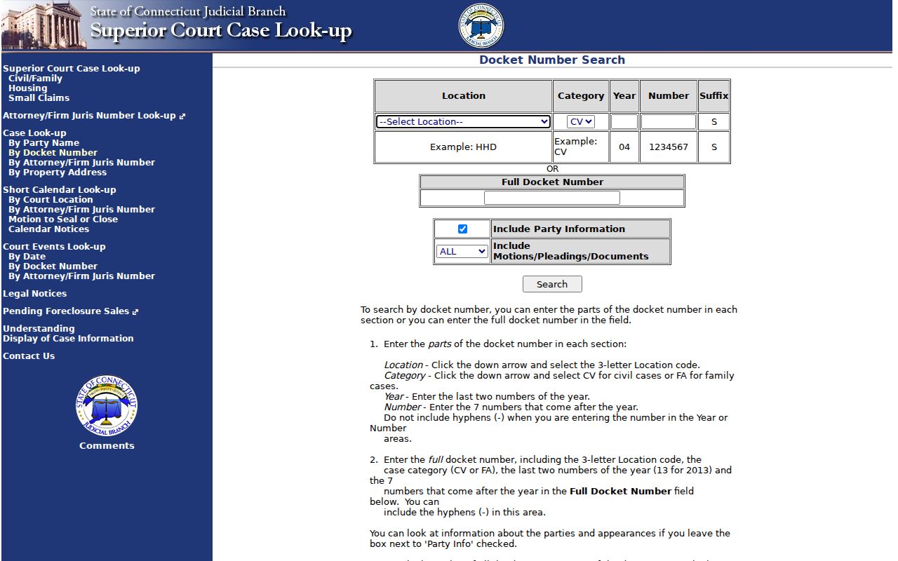 Connecticut court dockets civil and family docket search