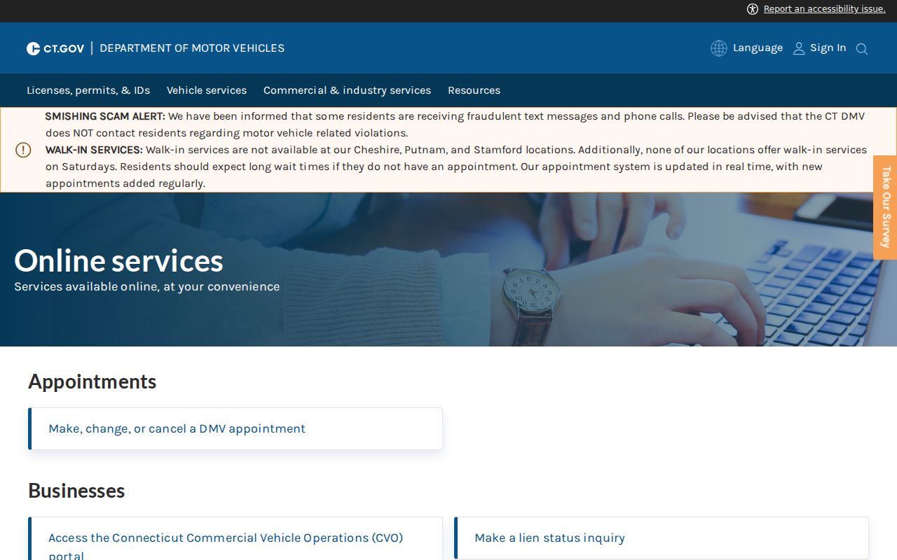 Connecticut court dockets and DMV online service routes