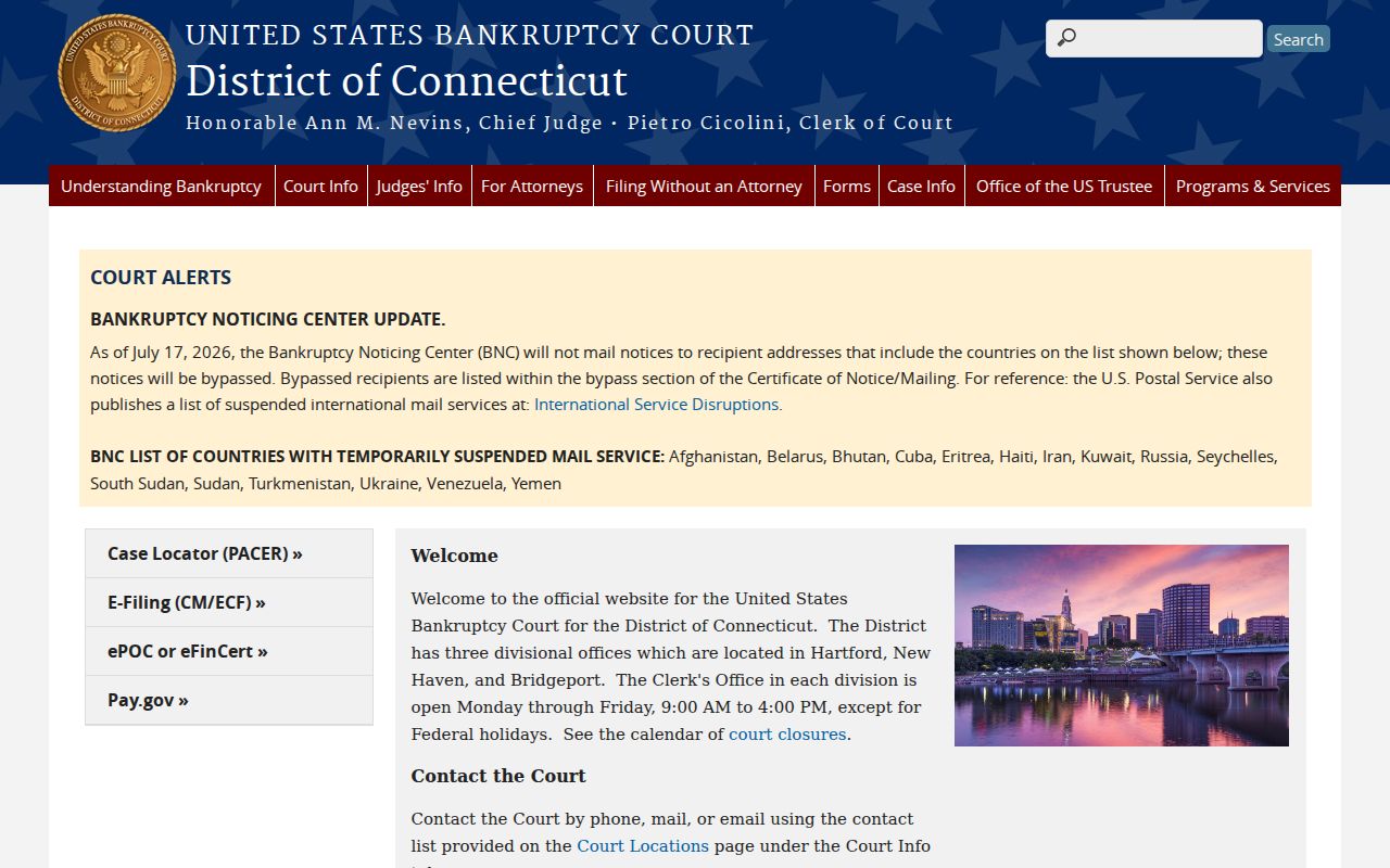 Connecticut court dockets United States Bankruptcy Court access