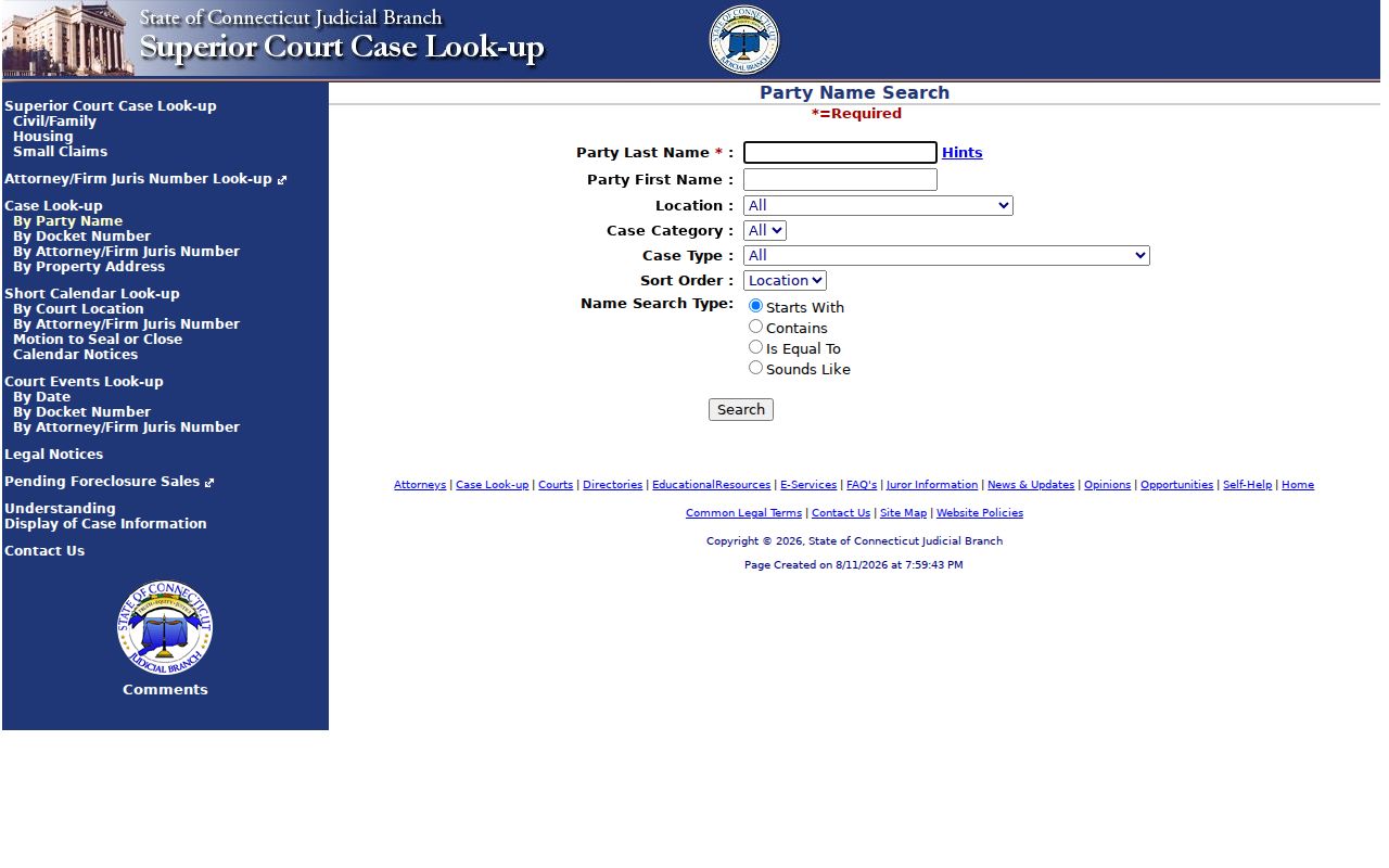 Connecticut court records civil family housing and small claims party search