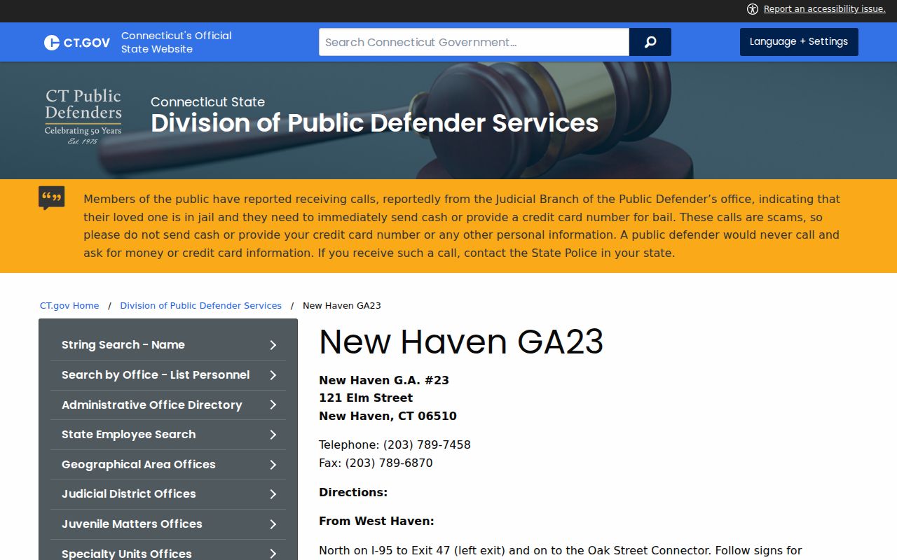 Connecticut criminal court records Geographical Area public defender office