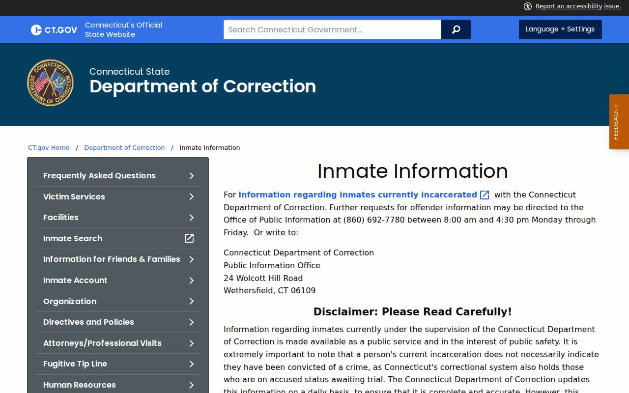 Connecticut inmate records DOC public information notice