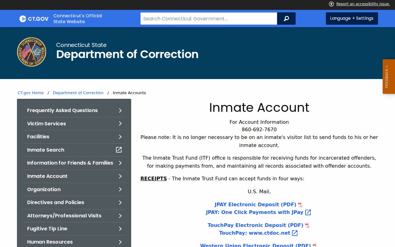 Connecticut inmate records DOC inmate account instructions