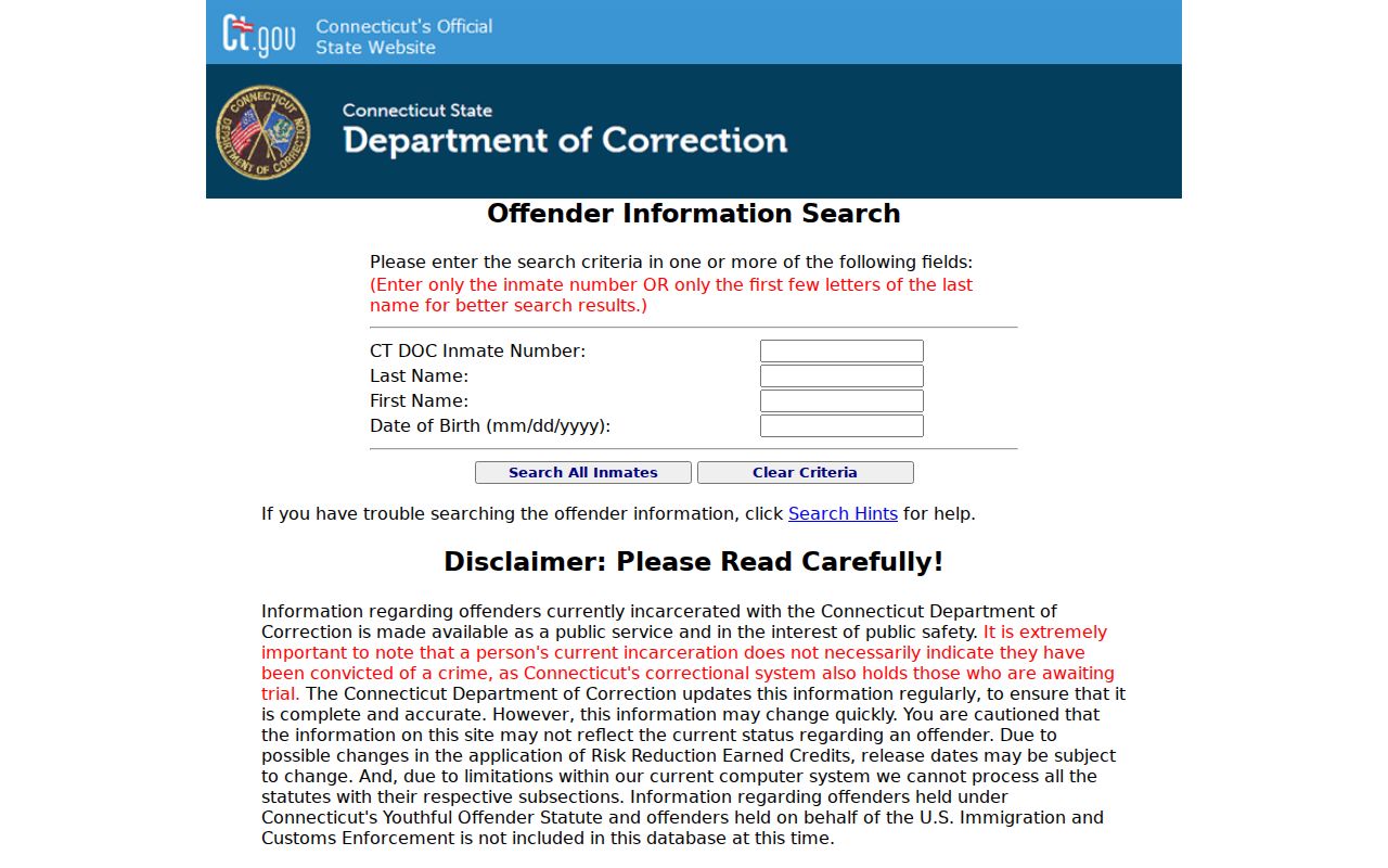Connecticut inmate records official DOC lookup form