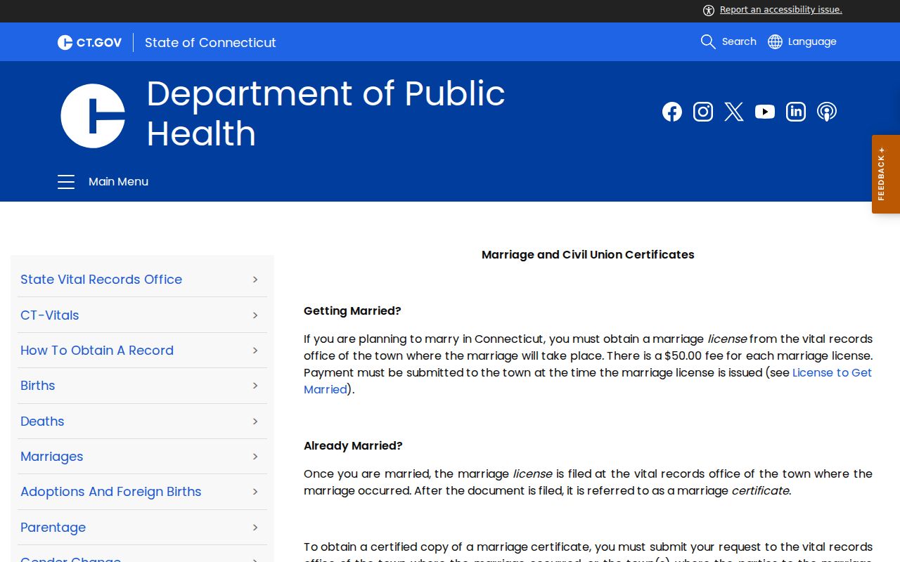 Connecticut marriage records DPH certificate rules