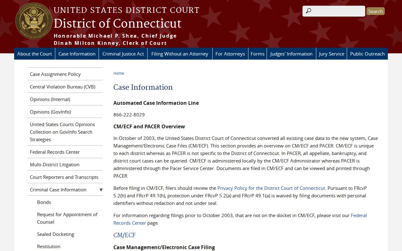 Connecticut federal court records CM ECF and PACER information