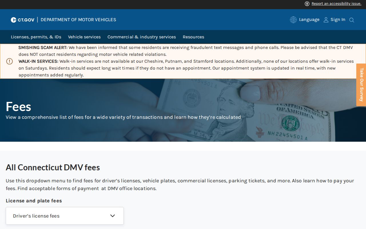 Connecticut traffic record DMV certified history fee