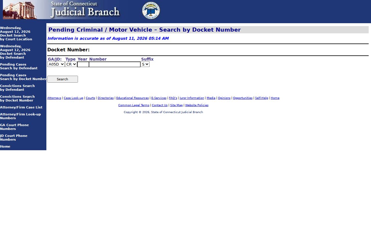 Connecticut warrant records pending criminal docket search