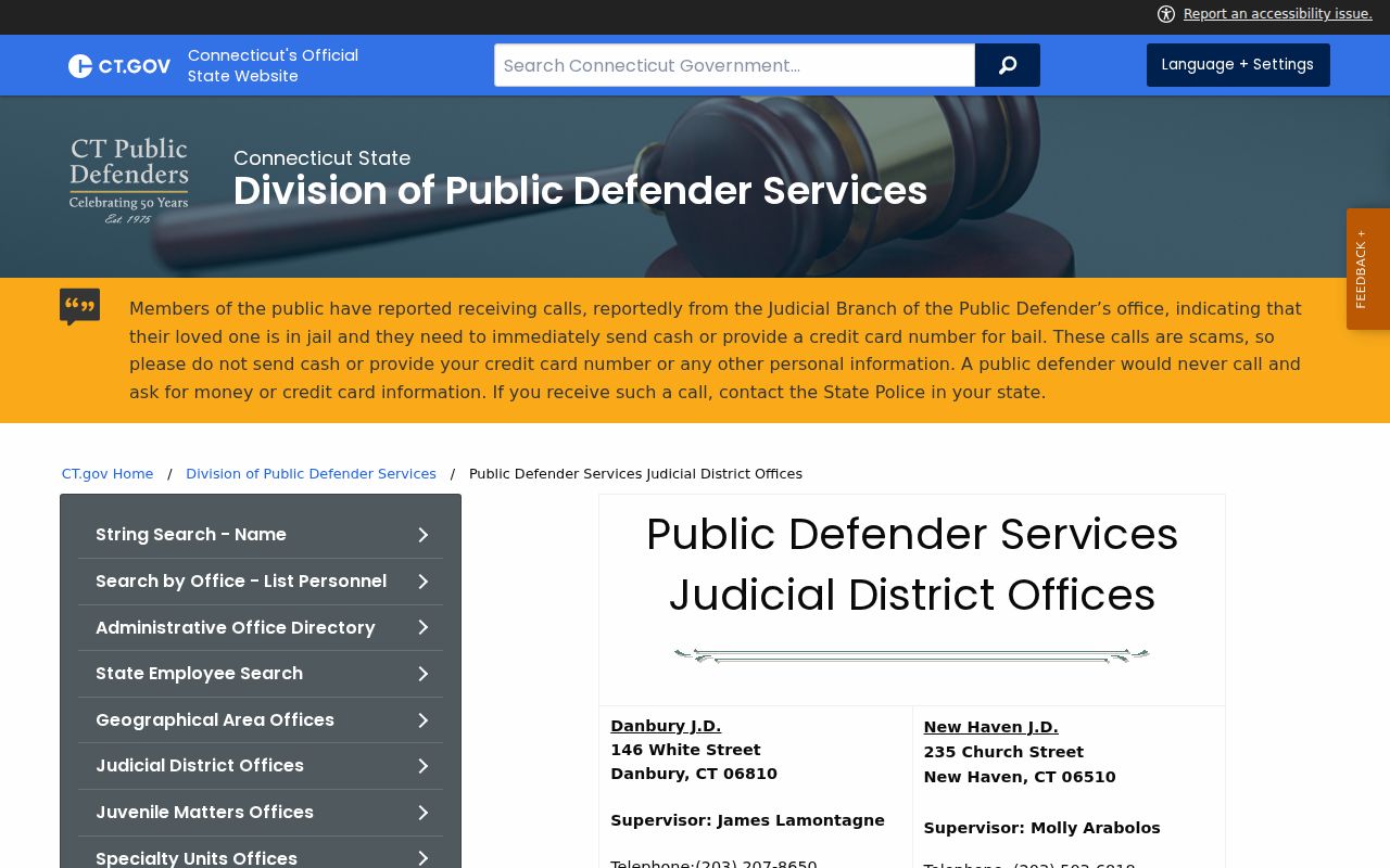 Connecticut warrant records public defender judicial district directory
